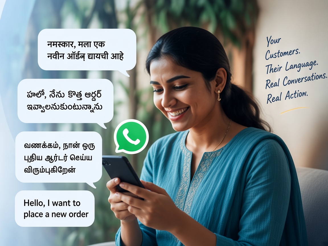 A woman placing a new order on her phone, with the same request shown in English, Marathi, Telugu and Tamil