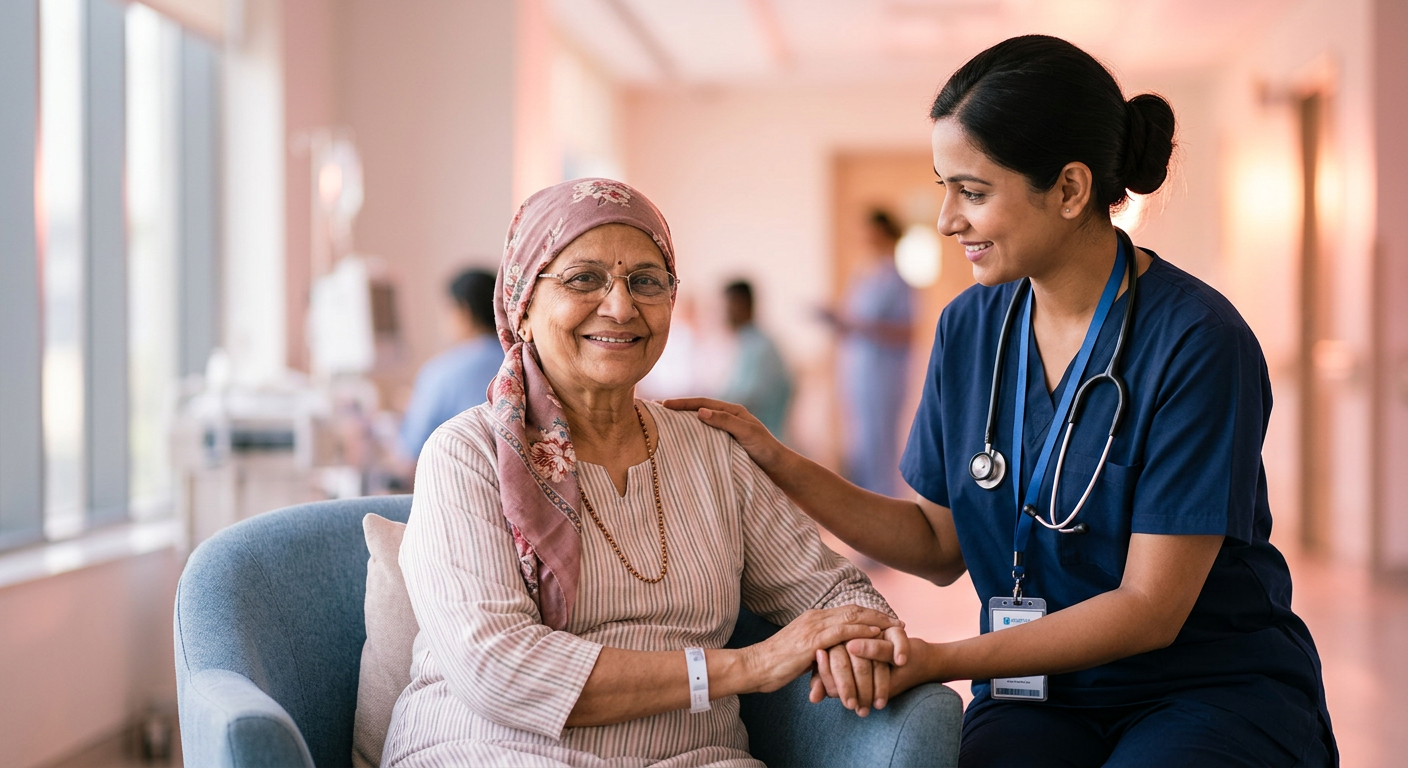 A nurse supporting an elderly patient